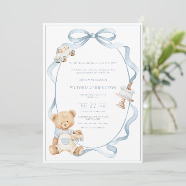 A Little Gentleman Blue Boy Bear Baby  Invitation (Standing Front)