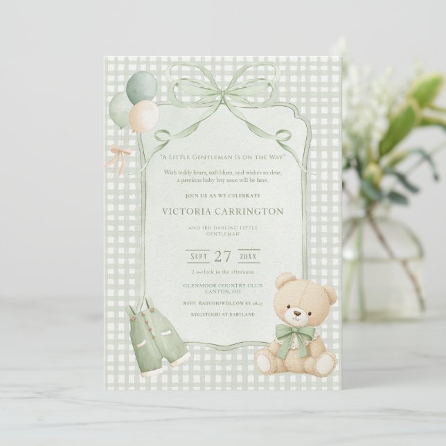 A Little Gentleman Green Boy Bear Baby Shower Invitation (Standing Front)
