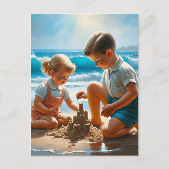 A Little Girl and Boy Building a Sandcastle   Postcard (Front)