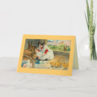 A Little Girl and Her Bunnies Easter Card