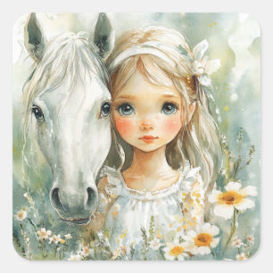 A Little Girl with a Horse Square Sticker