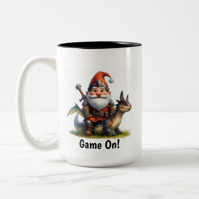 A Little Gnome Warrior Posing with his Dragon Two-Tone Coffee Mug (Left)