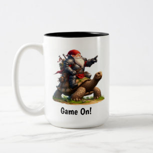 A Little Gnome Warrior Posing with his Tortoise Two-Tone Coffee Mug