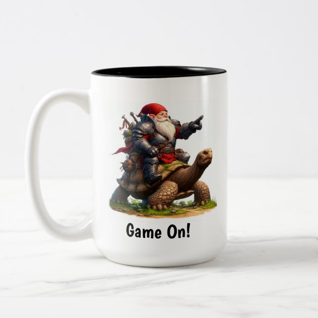 A Little Gnome Warrior Posing with his Tortoise Two-Tone Coffee Mug (Left)
