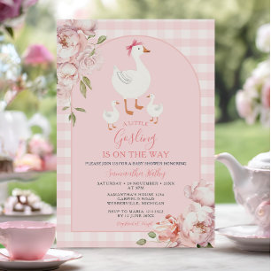 A Little Gosling Pink Floral Gingham Baby Shower Invitation