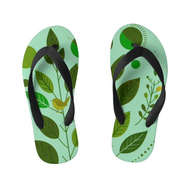 A little Green Bird and Green Leaves Kid's Jandals (Footbed)
