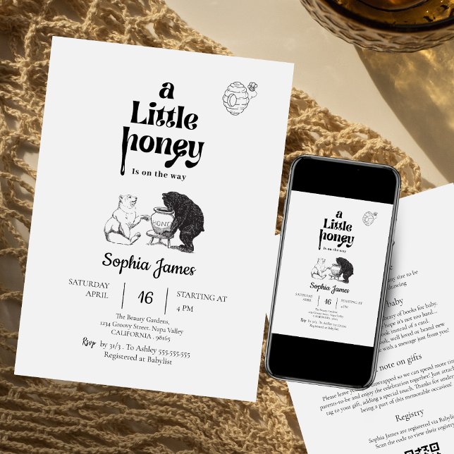 A little honey black white bear baby shower invitation (Creator Uploaded)