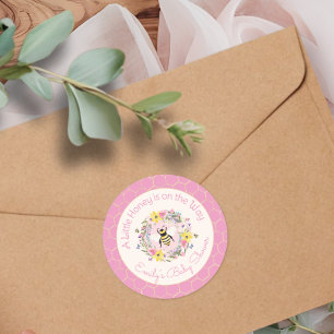 A Little Honey Is On the Way Pink Baby Shower Classic Round Sticker