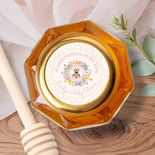 A Little Honey Is On the Way Pink Baby Shower Classic Round Sticker (Creator Uploaded)