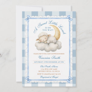 A little lamb Cute Baby Shower Blue gingham Invitation