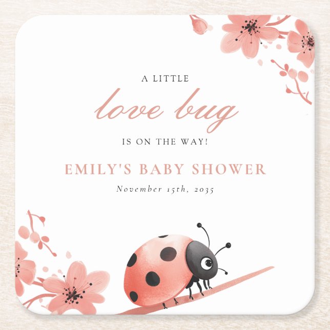 A Little Love Bug Is On The Way Baby Shower Square Paper Coaster (Front)