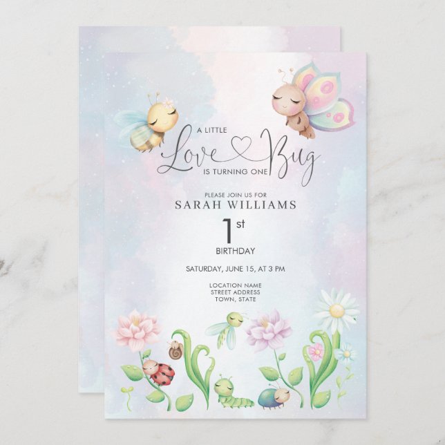 A Little Love Bug Watercolor Girl 1st Birthday Invitation (Front/Back)