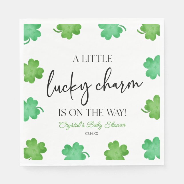 A Little Lucky Charm Green Clover Baby Shower Napkin (Front)