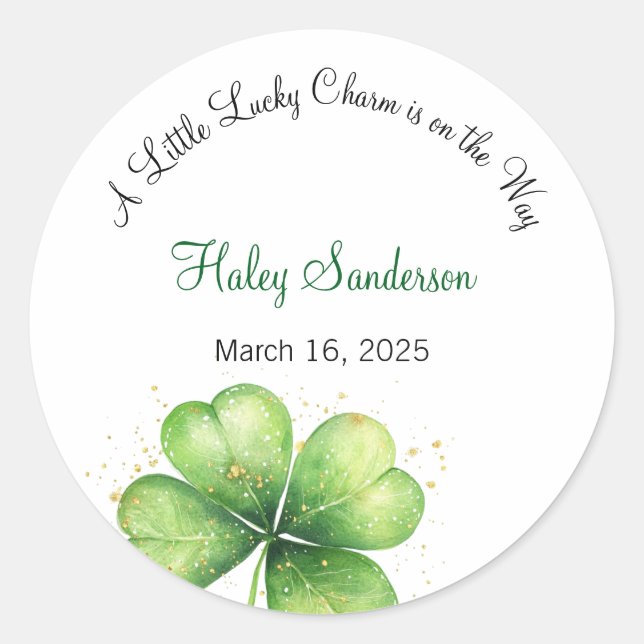 A Little Lucky Charm is on the Way Invitation Classic Round Sticker (Front)
