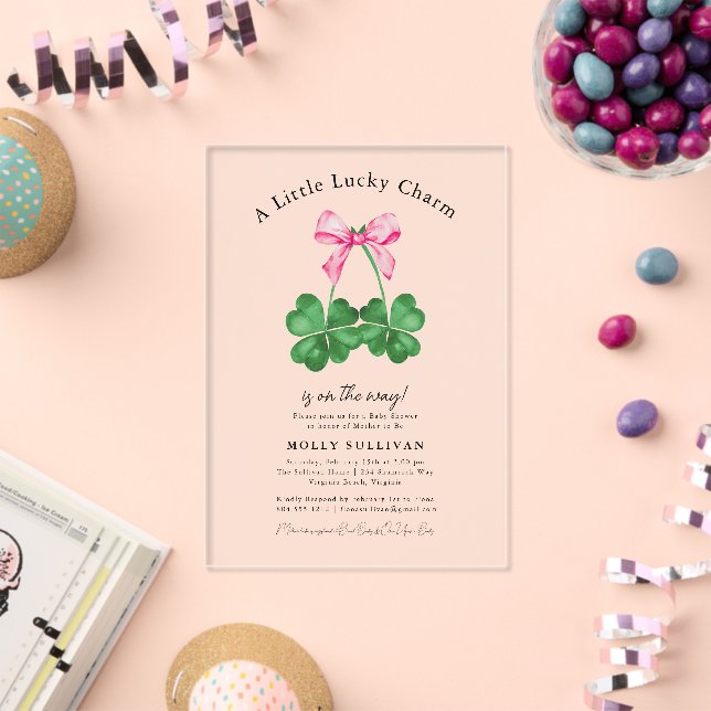 A Little Lucky Charm Shamrock Coquette Bow  Acrylic Invitations (Insitu (Celebration))