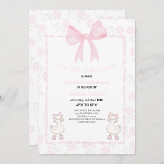 A Little Lucky Duckie Pink Bow Floral Baby Shower Invitation