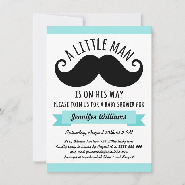 A little man, aqua blue moustache baby shower invitation (Front)
