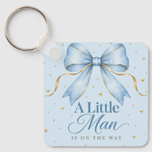 A Little Man Dusty Blue Bow Baby Boy Shower Key Ring