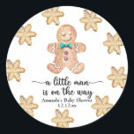 A little man is on the way! Christmas cookies Classic Round Sticker<br><div class="desc">Watercolors Christmas cookies theme baby shower. Christmas gingerbread cookies. Matching items available</div>