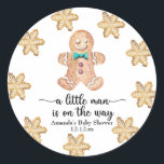 A little man is on the way! Christmas cookies Classic Round Sticker<br><div class="desc">Watercolors Christmas cookies theme baby shower. Christmas gingerbread cookies. Matching items available</div>