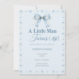 A Little Man Turns Dusty Blue Bow First Birthday Invitation