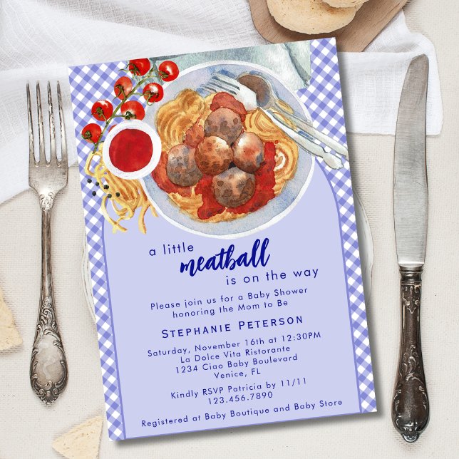 A Little Meatball Is On The Way Blue Baby Shower Invitation (Creator Uploaded)