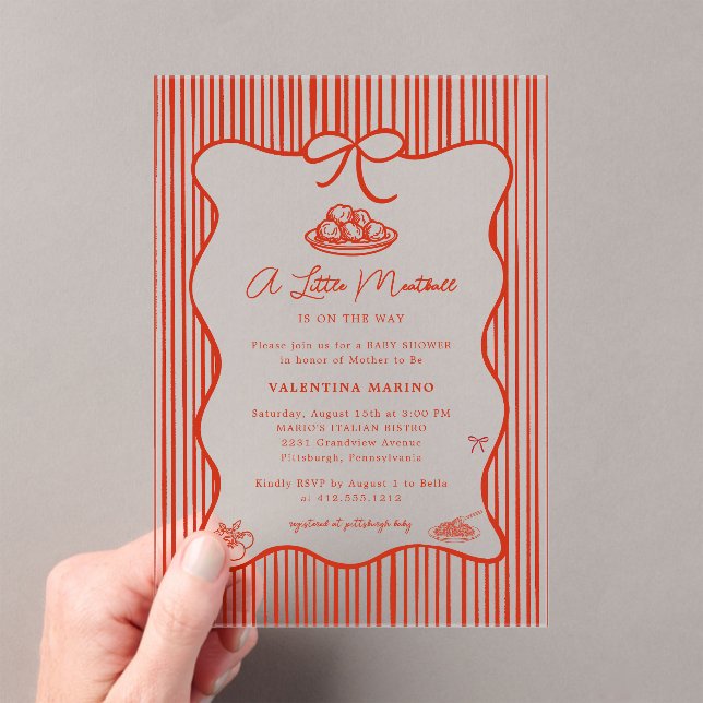 A Little Meatball is on the Way Doodle Baby Shower Acrylic Invitations (Insitu (Handheld))