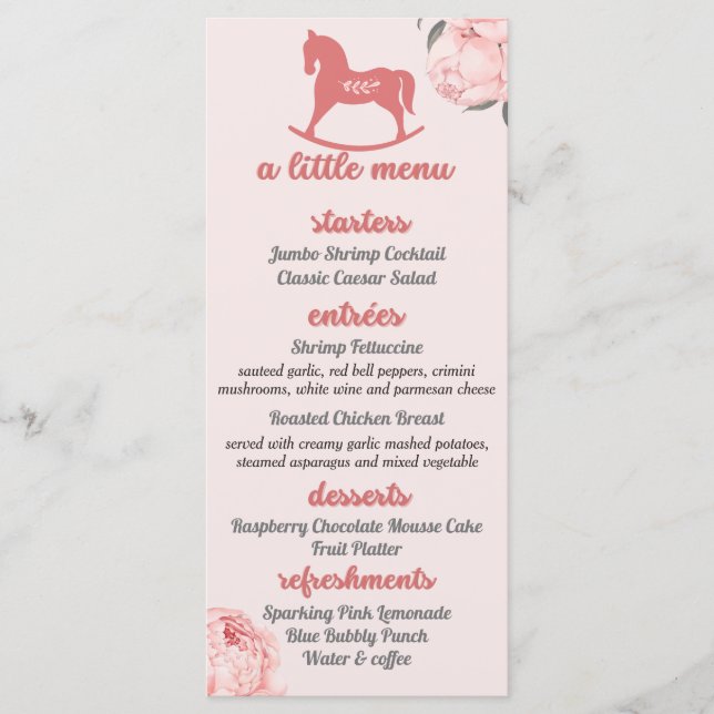 A little menu|Pink Peony Baby Shower Photo Menu (Front)