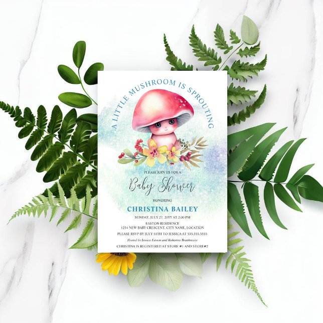 A Little Mushroom Is Sprouting Baby Shower Invitation (Cute little watercolor mushroom sprouting baby boy shower invitation.)