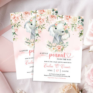 A little peanut baby elephant blush floral gold invitation