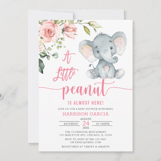 A Little Peanut Baby Girl Elephant Baby Shower Inv Invitation (Front)