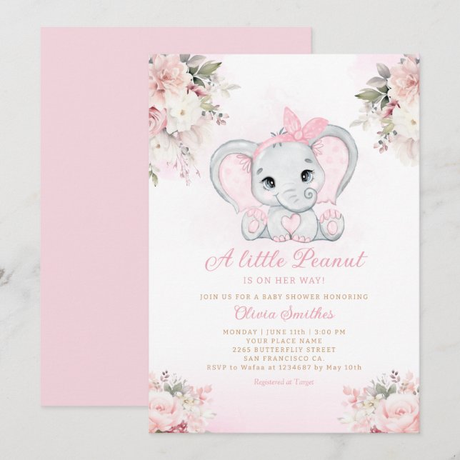 A Little Peanut Floral Elephant Girl Baby Shower   Invitation (Front/Back)