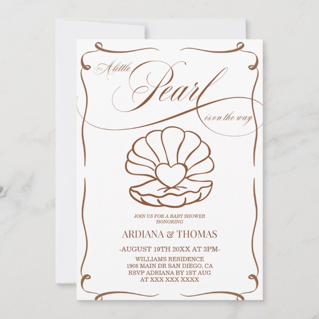 A Little Pearl Hand Drawn Baby Shower  Invitation (Front)
