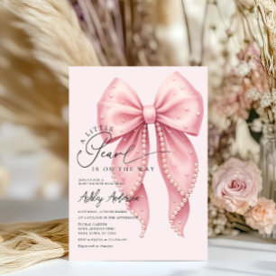 A Little Pearl Is On The Way Pink Bow Baby Shower Invitation