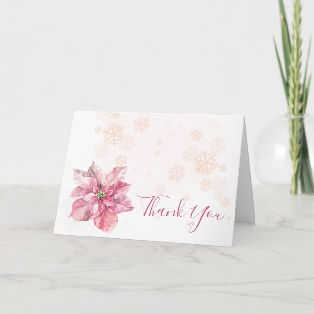 A little pink snowflake pink poinsettia photo thank you card (Front)