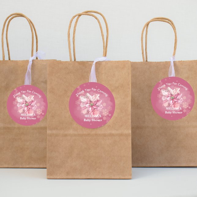 A Little Pink Snowflake Pink Poinsettia thank you Classic Round Sticker (Creator Uploaded)