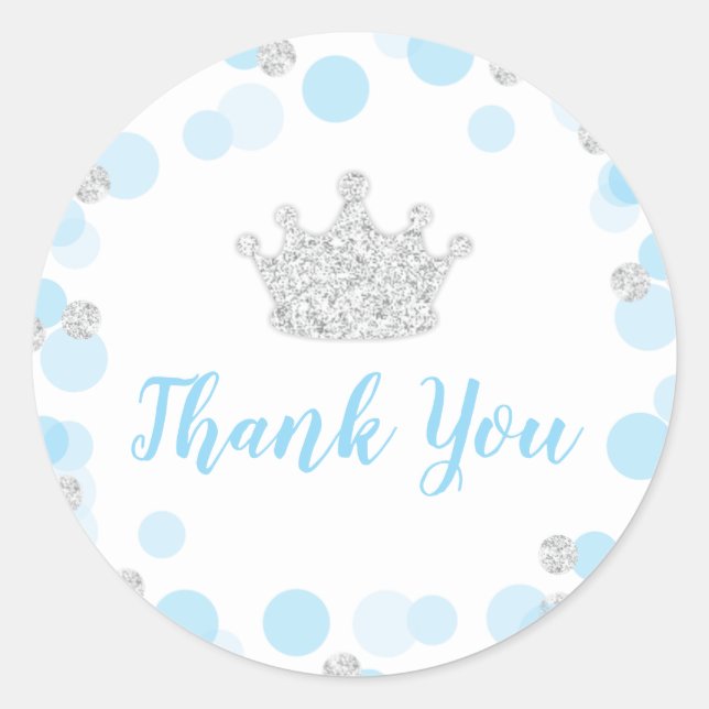 A Little Prince Baby Shower Blue Silver Thank You Classic Round Sticker (Front)
