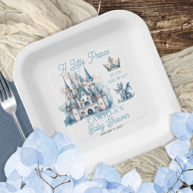 A Little Prince Is On His Way Boy Baby Shower Paper Plate ("A Little Prince Is On His Way" royal-themed fairytale Baby Shower paper plates)