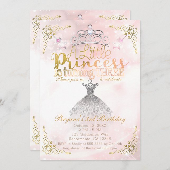 A Little Princess turning THREE 3rd Birthday Party Invitation (Front/Back)