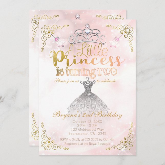A Little Princess turning TWO 2nd Birthday Party Invitation (Front/Back)
