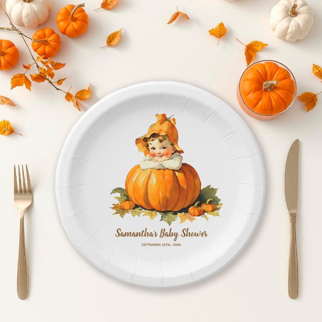 A Little Pumpkin Autumn Fall Baby Shower Girl Paper Plate (Creator Uploaded)