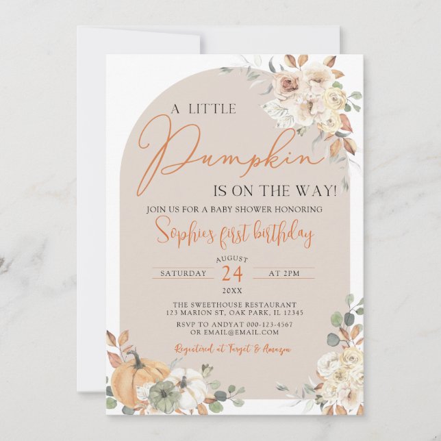A Little Pumpkin Autumn Fall Floral 1st Birthday Invitation (Front)