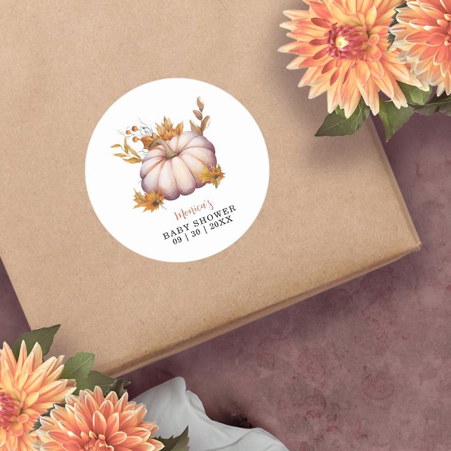 A Little Pumpkin Autumn Fall Floral Baby Shower Classic Round Sticker (A Little Pumpkin Autumn Fall Floral Baby Shower Classic Round Sticker)