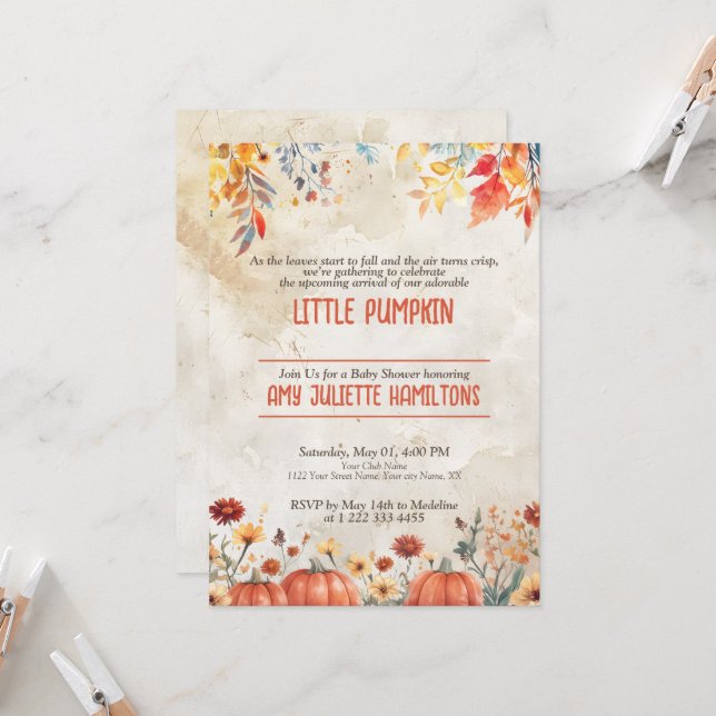 A Little Pumpkin Autumn Fall Floral Baby Shower Invitation (Front/Back In Situ)