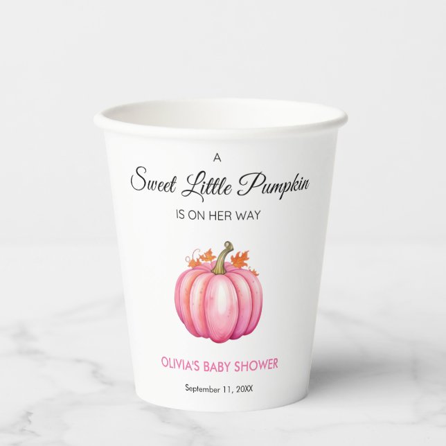 A Little Pumpkin Autumn Fall Pink Girl Baby Shower Paper Cups (Front)