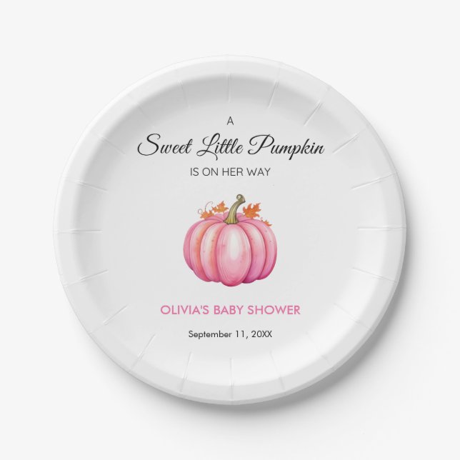 A Little Pumpkin Autumn Fall Pink Girl Baby Shower Paper Plate (Front)