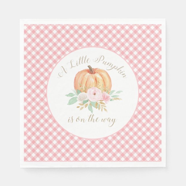 A Little Pumpkin Baby Shower Floral Pink Plaid Napkin (Front)