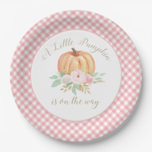 A Little Pumpkin Baby Shower Floral Pink Plaid Paper Plate