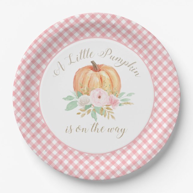 A Little Pumpkin Baby Shower Floral Pink Plaid Paper Plate (Front)