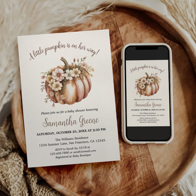 A Little Pumpkin Baby Shower Invitations (A little pumpkin is on her way shower invite)